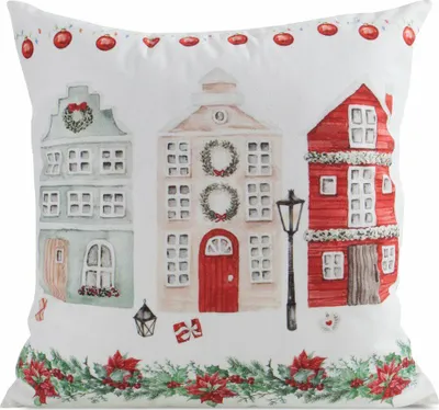 Produktbild von EUROFIRANY | Weihnachtskissenbezug - Xmas Kissenbezug - 45 x 45 cm - Weiß - Kissenhülle Weihnachten - Winterdorf