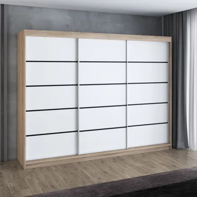 Produktbild von Schwebetürenschrank, 3-türig Schrank 200 cm mit 4 Schubladen, Retrostil Premium! Moderne Garderobe für Kleidung. Verschiedene Farben (Weiß, Schwarz, Somona) Kleiderschrank FLIX