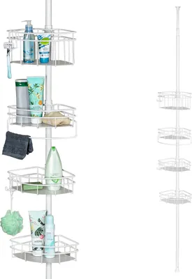 Image de bremermann Etagère d'angle télescopique, 4 paniers, 2 crochets, barre télescopique jusqu'à env. 290 cm maxi, étagère de douche inoxydable réglable en hauteur, étagère à pince sans percer, étagère de salle de bain blanche