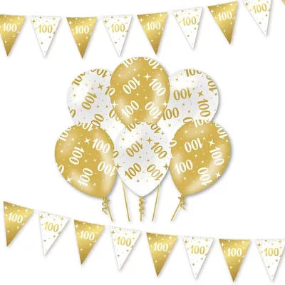 Zdjęcie produktu dla Zestaw dekoracji urodzinowych, "100 lat", balony w kolorach białym i złotym, idealne na imprezy