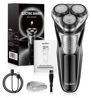 Image de Herren Rasierer - Rasoir électrique pour peau sèche et humide - Tête rotative 3D avec trois lames - Trimmer escamotable - Écran LED - Charge rapide USB-C (1 heure) - Argent