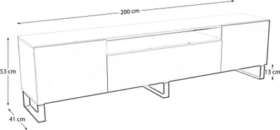 A sketch of a long, low cabinet with dimensions indicated.