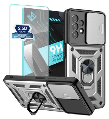 A product shot of a phone case and screen protector with marketing text.