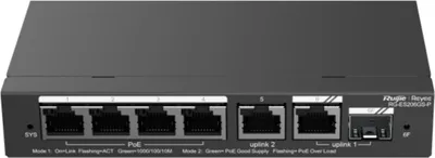 The front view of a black network switch with multiple ports and labels.