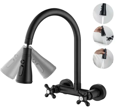 Image de Robinet de cuisine mural, pivotant à 360°, finition noire mate, avec 3 types de jets, longueur 27 cm