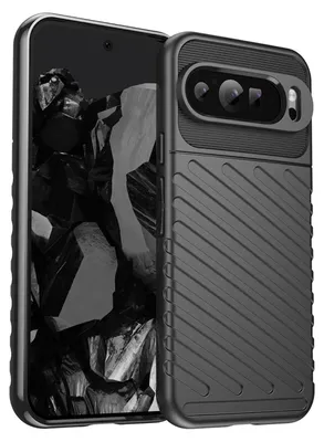 A black phone case is shown next to a smartphone.