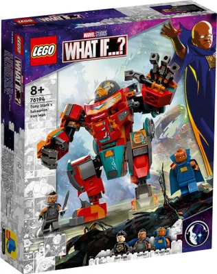 The image shows the front of a LEGO set box for Marvel Studios' What If...? "Tony Stark's Sakaarian Iron Man". The box features the LEGO logo, the What If...? logo, and an illustration of the Iron Man mech and several characters.