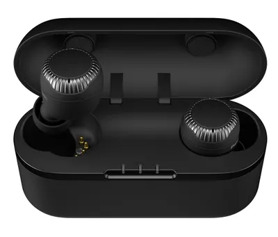 A pair of black wireless earbuds and their charging case are shown against a white background.