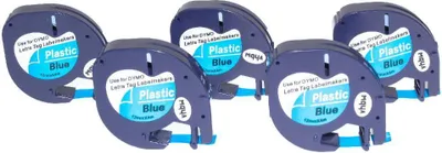 Produktbild von vhbw 5x Schriftband-Kassette kompatibel mit Dymo LetraTag LT-100H, 2000, LT-100T, Plus LT-100H, 200B Etiketten-Drucker 4m x 12mm Schwarz auf Blau