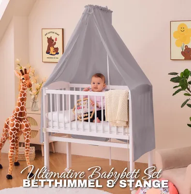 Produktbild von ALAVYA HOME Betthimmel, Grau, 150 x 240 cm, 100% Baumwolle, zweigeteilt, inklusive Himmelstange und Deko Set, passend für Babybetten 60 x 120 cm & 70 x 140 cm, Handarbeit, plastikfrei verpackt