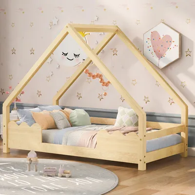 Zdjęcie produktu dla Łóżeczko dziecięce w kształcie domku, 90 x 200 cm, z zabezpieczeniem przed wypadnięciem, łóżko dla młodzieży z litego drewna, w kolorze naturalnym