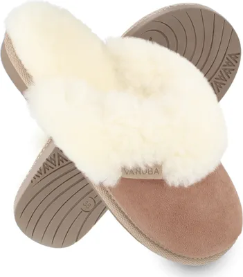 Immagine prodotto di Vanuba - Pantofole moderne da donna in vera pelle di agnello e lana naturale D015 Beige-Bianco, misura 39 EU