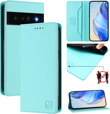 Produktbild von Lederhülle für Google Pixel 6 Pro Hülle Flip Brieftasche Kartenfächern Ständer Schutzhülle Türkis