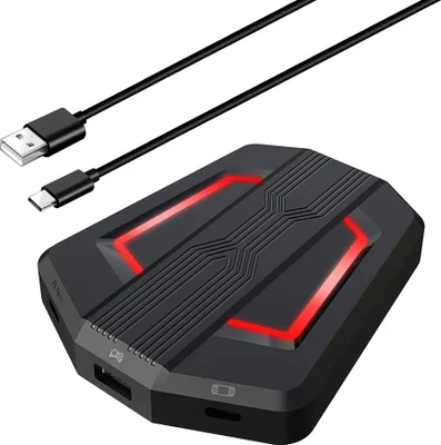 A black gaming accessory with red LED lights and two black cables on a white background.