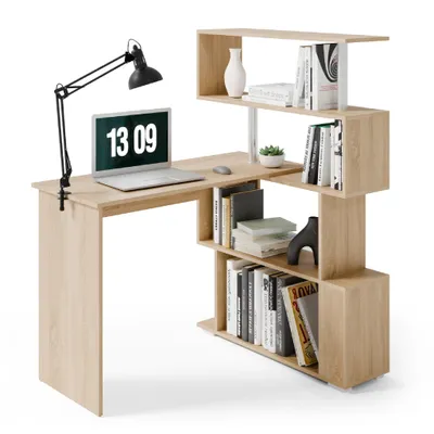 A modern wooden desk with a bookshelf attached, featuring a laptop, lamp, and books.