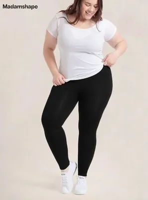 Produktbild von Damen Nahtlose Komfort Leggings Größe 4XL mit mittlerer Taille, Figurformende Kompressionsleggings mit Schrittpolster - SEAMIES Schwarz