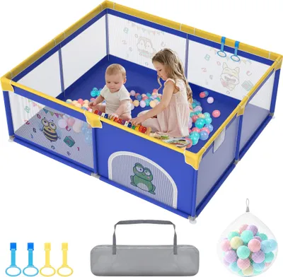 Image de JOIEYOU Parc bébé Parc bébé 150x180cm Baby Playpen avec 50 balles de jeu, 1 parc d'éveil et 4 anneaux de traction Enfants Parc portable Petit parc, Bleu animal