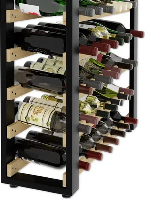 A wine rack filled with wine bottles, shown from a slightly elevated side angle.