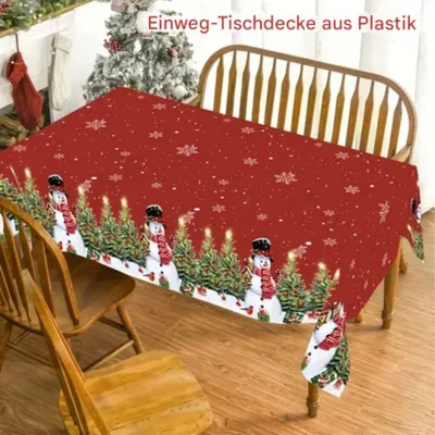 Produktbild von Weihnachts-Tischdecke 220x130cm | Rotes & Grünes Design mit Schneemann, Tannenbaum & Schneeflocken | Festliche Tischdekoration