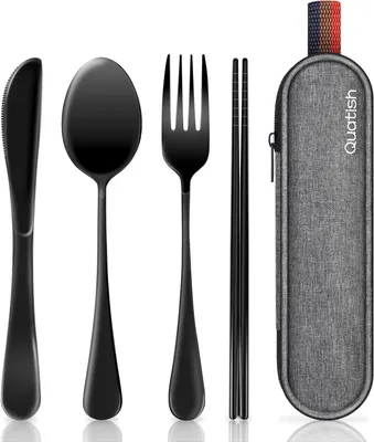 Produktbild von Reisebesteck Set, Tragbare Edelstahl Gabel und Löffel, Schwarz, 304 Edelstahl, Für Camping
