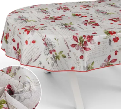 Produktbild von Tischdecke Frühling mit Blumen Botanik aus Stoff Tischwäsche mit Beschichtung Tischtuch Aquarell Grau Oval Breite 140cm Länge 180cm mit Paspelband