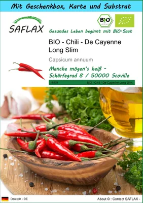 Produktbild von SAFLAX - Geschenk Set - BIO - Chili - De Cayenne Long Slim - 10 Samen - Mit Geschenk- / Versandbox, Versandaufkleber, Geschenkkarte und Anzuchtsubstrat - Capsicum annuum