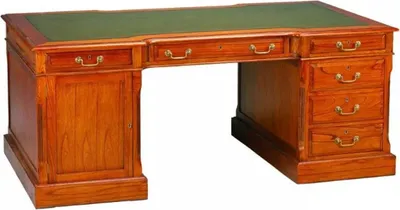 Produktbild von Casa Padrino Luxus Schreibtisch Hellbraun / Echtleder Grün 190 x 105 x H. 79 cm - Massivholz Antik Stil Sekretär mit 6 Schubladen