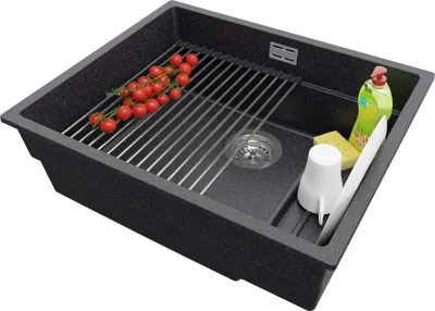 Produktbild von PRIMAGRAN Unterbauspüle Granit Anthrazit 56x47cm, Spülbecken 1 Becken + Ablauf-Set + Aufrollbare Abtropffläche, Granitspüle ab 60er Unterschrank - Praga