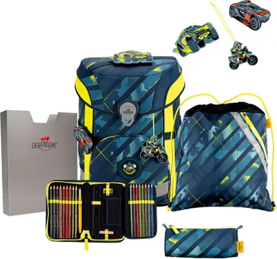 A collection of school supplies including a backpack, pencil case, and drawstring bag, along with decorative accessories.