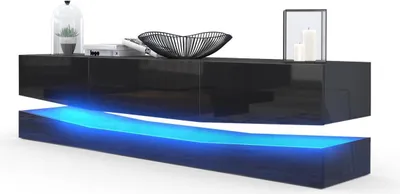 Produktbild von Vladon Lowboard City, Germany, TV-Kommode mit Sockelelement, 1 offenem Fach und 3 Schubkästen, Schwarz Hochglanz/Schwarz Hochglanz, inkl. LED-Beleuchtung (178 x variabel x 39 cm)