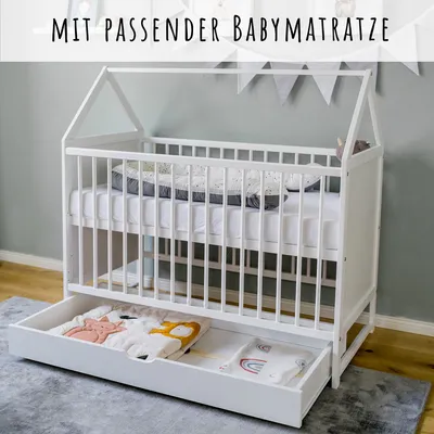 Produktbild von Babybett Beistellbett mit Schublade Hausbett Kinderbett Baby Bett höhenverstellbar und umbaubar, mit Matratze, weiß, 60x120 cm