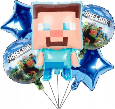 Produktbild von Minecraft Folienballon, Steve, BALLON-Set, Pixel-Design, für Geburtstage, 5 Stück + Luftballontube