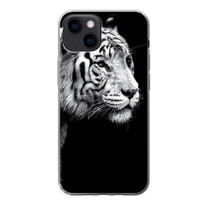 Produktbild von MuchoWow® Handyhülle Schutzhülle Hülle für iPhone 13 mini Studioaufnahme eines weißen Tigers auf schwarzem Hintergrund Silikon Softcase Handy Hülle - Softcase