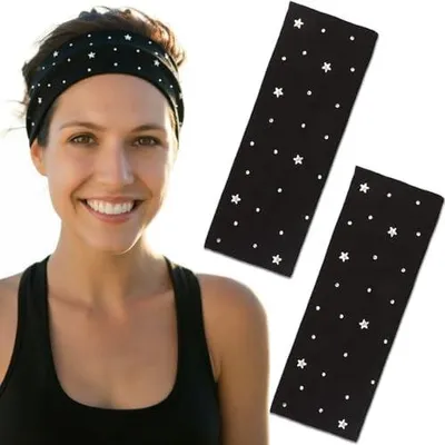 Produktbild von 2 Haarbänder für Damen mit Sternendekoration, rutschfeste elastische Stirnbänder für Sport, Fitness, Laufen, Radfahren und Alltag, Schwarz