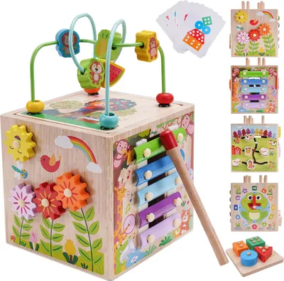 Immagine prodotto di Cubo educativo Montessori - Giocattolo adatto a bambini dai 1 ai 3 anni - Cubo attività - Gioco di infilare in legno, adatto a bambini dai 12 ai 18 mesi