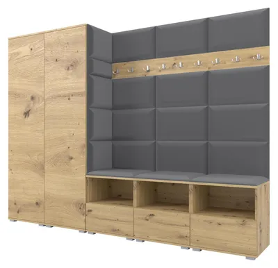 Produktbild von Garderobe NELA VII 250 cm Modulare Flurmöbel XL Artisan Eiche mit Sitzpolster Dunkelgrau 15 (2 Schränke)