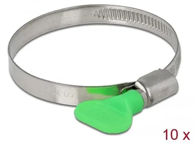 Produktbild von DeLOCK Schlauchschelle mit Flügelmutter 50 - 70 mm 10 Stück grün, Schraubklemme (Schneckengetriebe), Grün, Metallisch, Kunststoff, Edelstahl, 7 cm, China