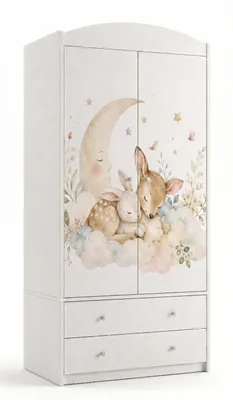 Produktbild von Mädchen Kleiderschrank mit Prinzessin / Reh Motiv, Kinder Schrank 88x187 cm, Wäscheschrank mit Schubladen & Einlegeböden