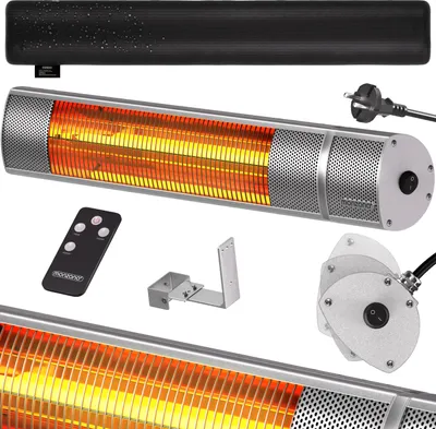 Zdjęcie produktu dla MONZANA® Promiennik podczerwieni MZH2000 Złota rura 2000 W 3 poziomy ogrzewania Pilot zdalnego sterowania Kąt nachylenia 90° Promiennik ciepła na zewnątrz Ogrzewacz tarasowy Promiennik tarasowy Srebrny