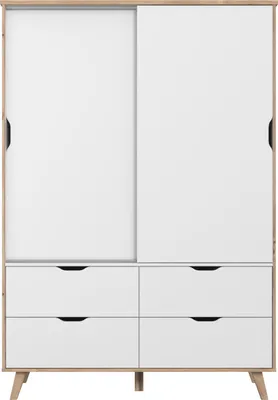 Produktbild von Kleiderschrank VANKKA Weiß Eiche Holznachbildung, 2 Schiebetüren, 4 Schubkästen, 4 Fachböden, 1 Kleiderstange