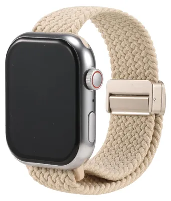 Immagine prodotto di Cinturino di ricambio in nylon intrecciato per Apple Watch 1, 2, 3, 4, 5, 6, 7, 8, 9, 10, 11, SE, 1, 2, 3, Ultra 1, 2, 3 con cassa da 42/44/45/49 mm. Cinturino in tessuto intrecciato color beige perla. Cinturino regolabile per smartwatch, taglia universale.