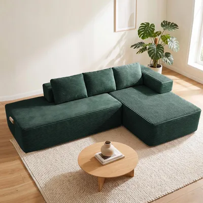 Produktbild von COMHOMA Ecksofa mit Schlaffunktion, 255cm Corduroy Modulares Boneless Couch mit Chaiselongue & Rücken-Metallgestell, L-Form Schlafsofa mit offenem