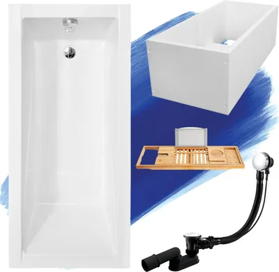 Produktbild von Badewanne Rechteck Set 5in1 150x70 mit Premium Ablaufgarnitur und Füßen GRATIS + Wannenträger + Bambus Holzablage | BADLAND MODERN