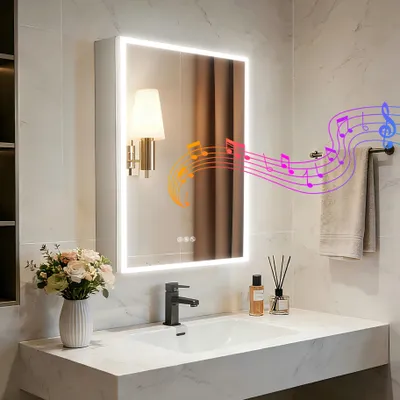 Obrázek produktu pro WISFOR Zrcadlová skříňka do koupelny s LED osvětlením, rozměry 50x70 cm. Koupelnová skříňka s Bluetooth zásuvkou, funkcí proti zamlžování a třemi barvami světla, ovládáním dotykem