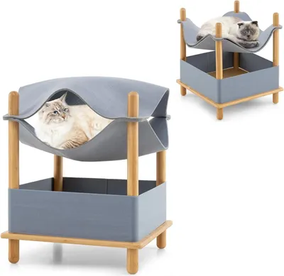 Immagine prodotto di Cuccia per gatti - Letto per gatti - 2 livelli - Bambù - Rialzata - Con spazio contenitivo - Per interni - Grigio