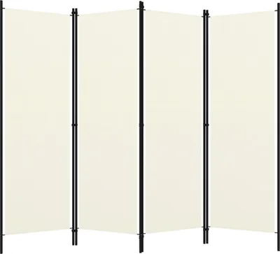 A room divider made of four beige fabric panels supported by black frames.