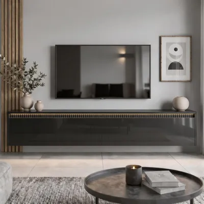 Produktbild von TV-Lowboard 170 cm LUMI II - Schwarz Hochglanz, TV-Schrank mit LED-Beleuchtung & Push-to-Open
