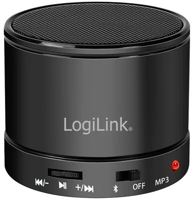 A black LogiLink Bluetooth speaker is shown against a white background.