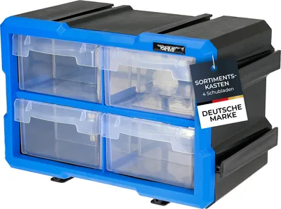 Sortierbox für Kleinteile mit 4 Schubladen von HMF, erweiterbarer Sortimentskasten für Schrauben und Werkzeug, 8 Fächer, STK200-02-05, 29,5 x 19,5 x 16 cm, Blau-Schwarz