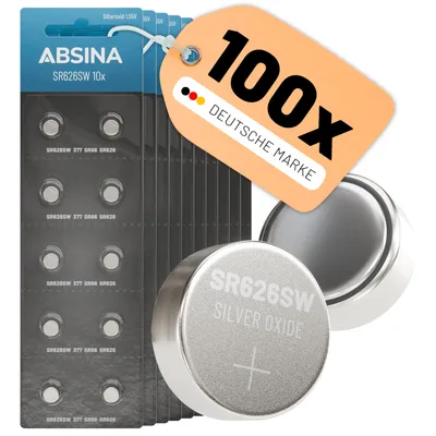 Produktbild von ABSINA SR626SW Uhrenbatterie 1,55V Silberoxid 10x 10er Pack  - 377 / SR66 / SR626 / AG4